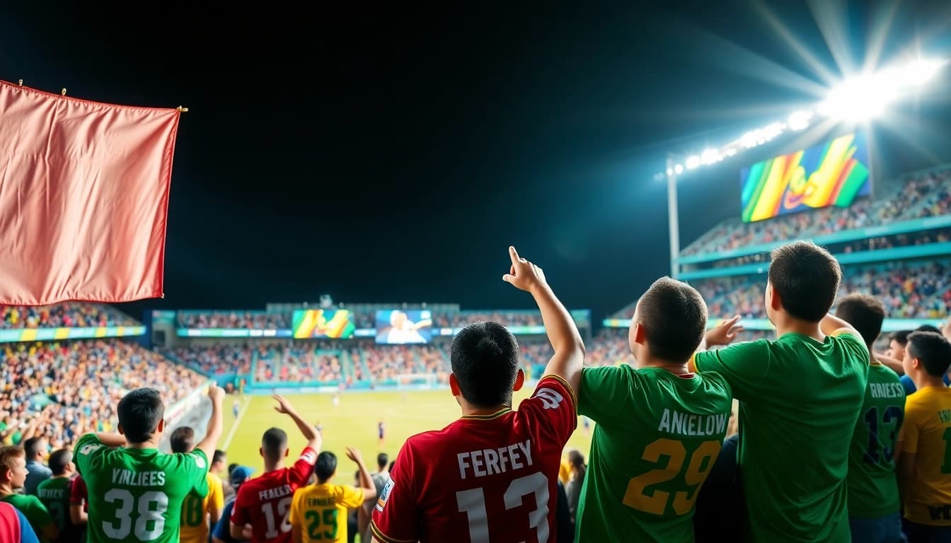 Vibrant stadium scene highlighting 토토스토리 sports excitement with diverse fans cheering.