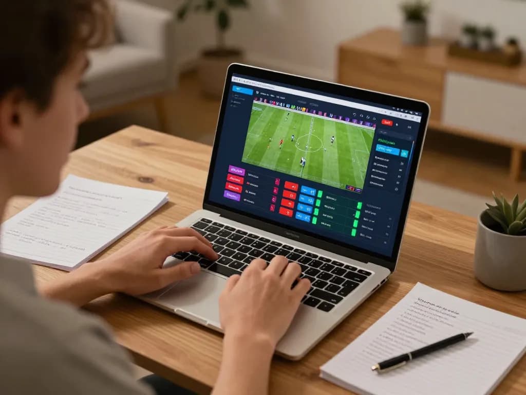 Person placing bets while accessing tin soi kèo data on a modern laptop in a cozy home setting