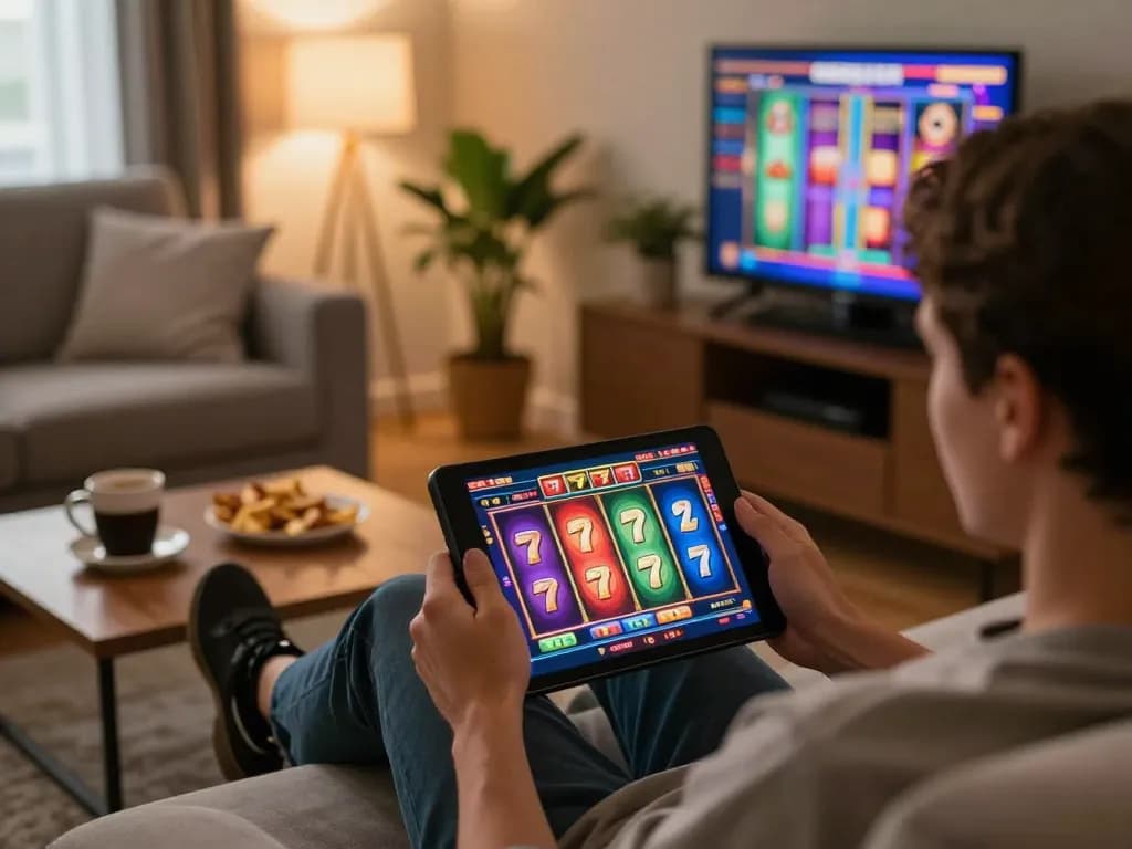 Engaging in thrilling slot 777 gameplay on a tablet in a cozy online gaming setup