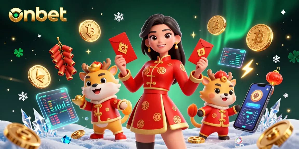 Engage with onbet casino, featuring a vibrant Asian woman and Zodiac animal amidst festive decorations and crypto elements.