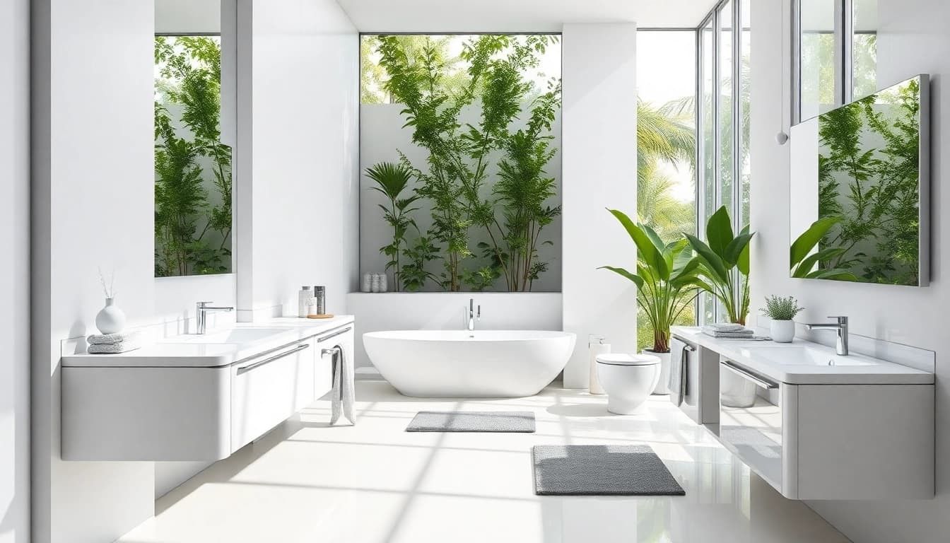 Un elegante sanitari in un moderno bagno con luce naturale e dettagli minimalisti.