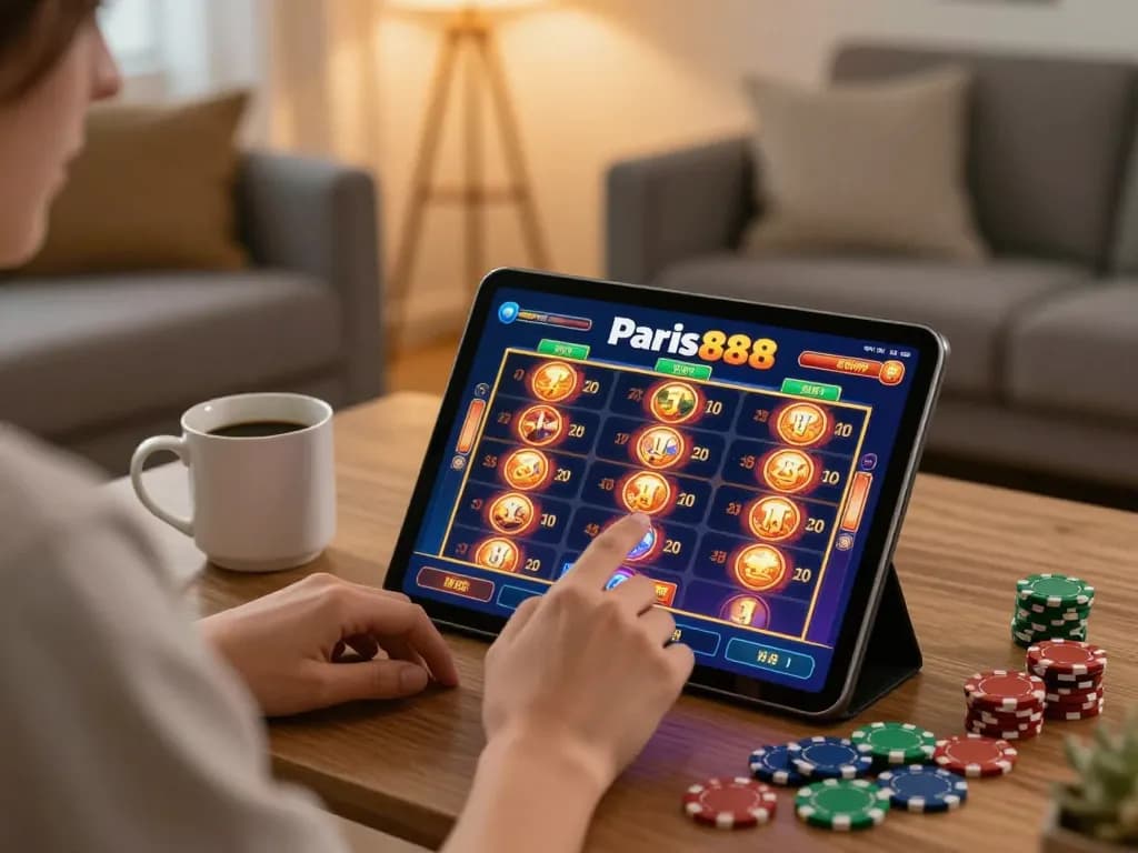 Engaged user playing paris888 slots app on tablet in cozy home setting, illustrating casual gaming.