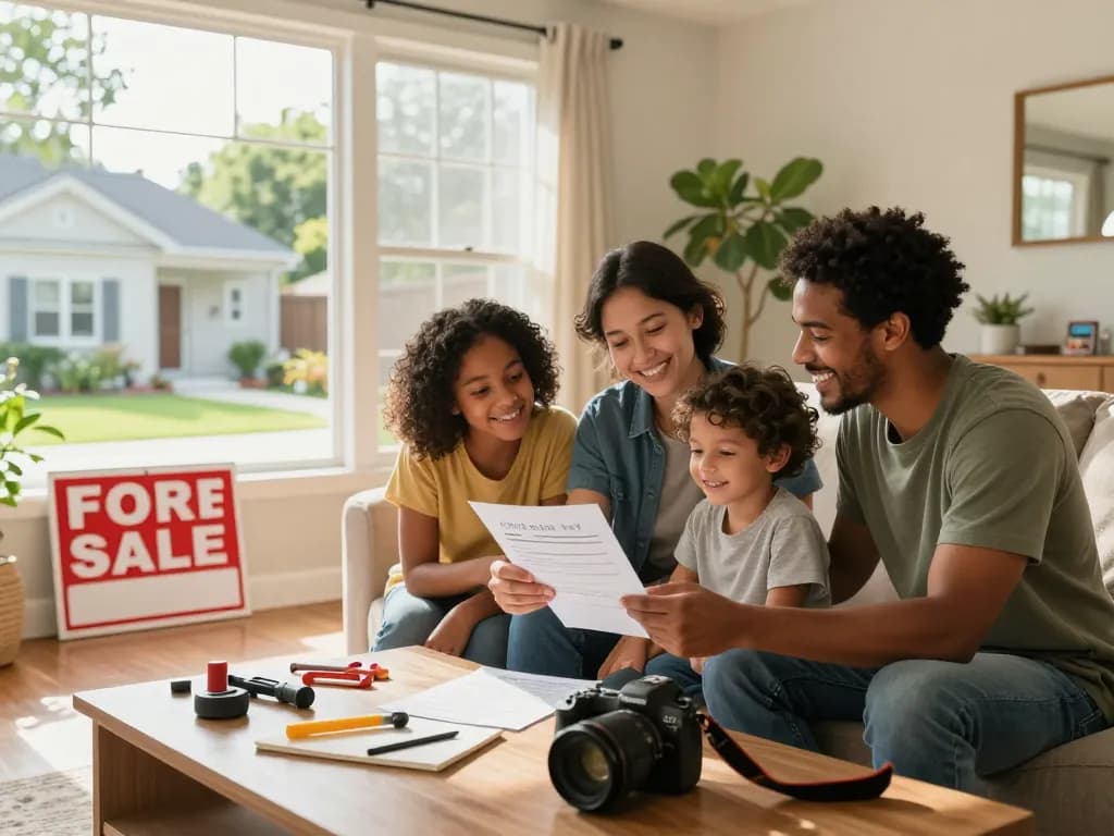 Sell my house fast for cash with a family happily reviewing a cash offer while planning their move.