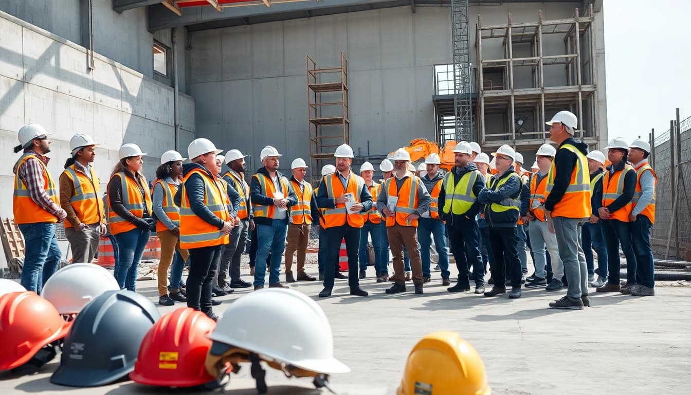 Engaged group participating in Construction site safety training at an active construction site.