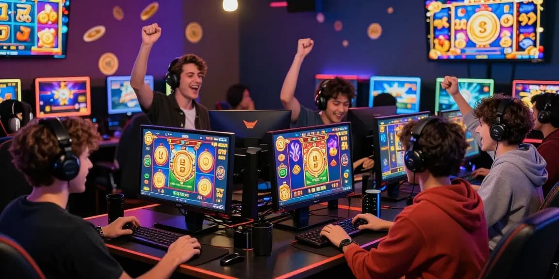Players enjoying slot depo 1k games in a lively gaming environment with colorful graphics and joyful expressions.