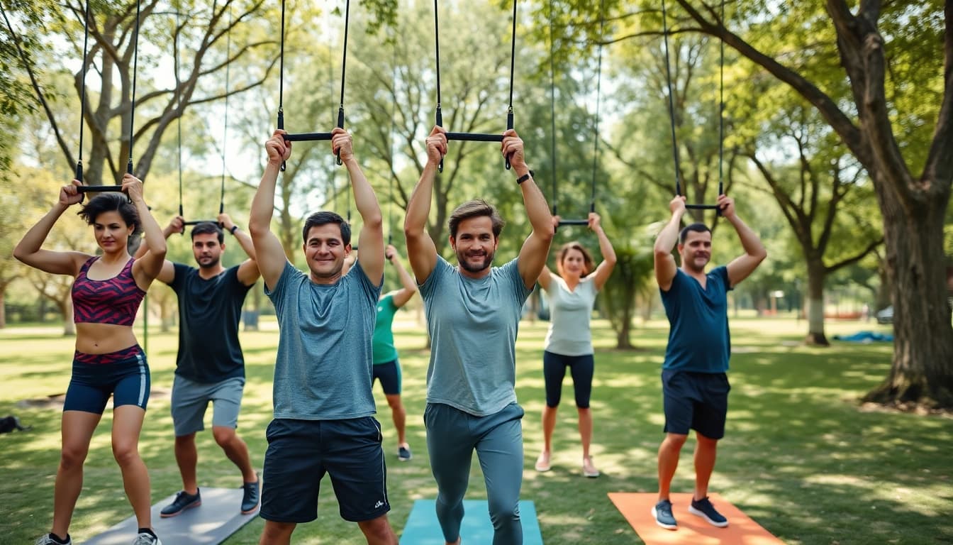 Active individuals using pull-up resistance bands in a park setting, showcasing strength training and teamwork.