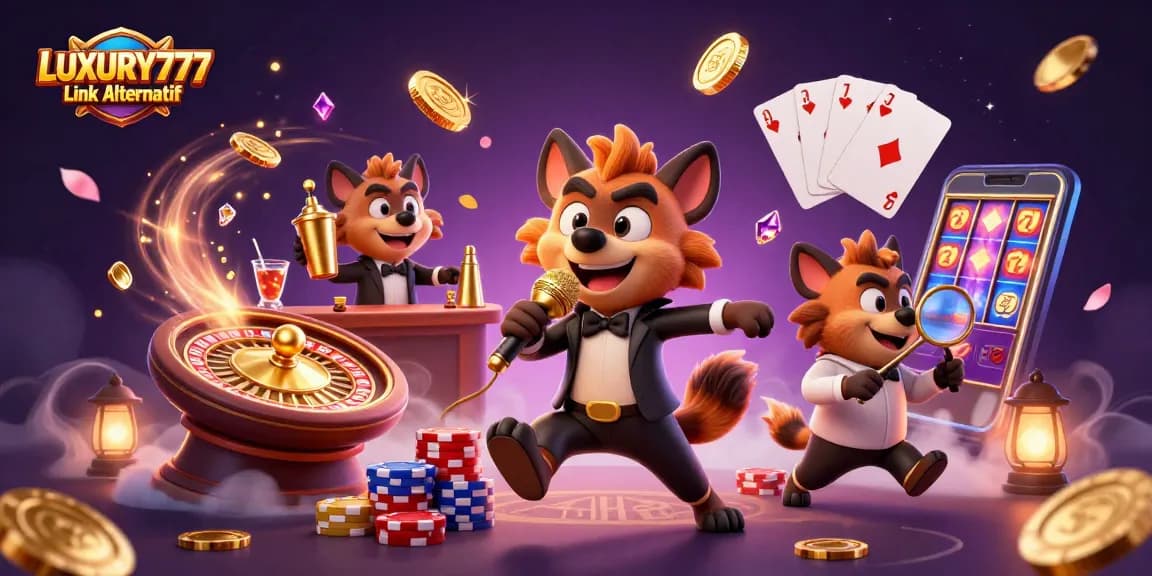 Menampilkan LUXURY777 Link Alternatif, hyena berkomedi, kasino penuh aksi dengan chip poker dan koin emas.