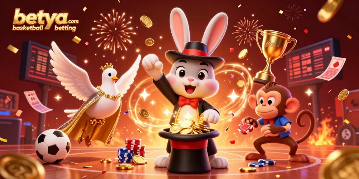 Experience the excitement of betya.com basketball betting with a magical scene of characters pulling coins and placing bets.