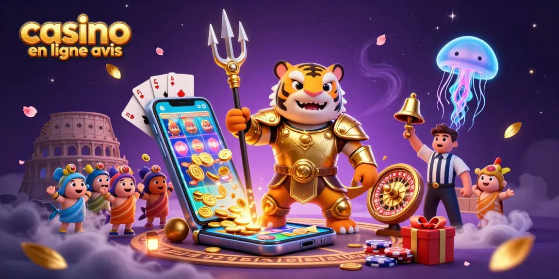 Célébrez les jeux avec des avis de casinos en ligne, une scène animée de jeux et personnages.