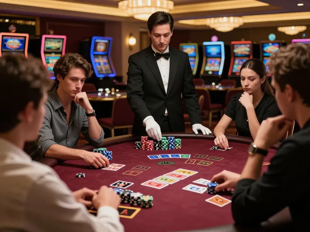 Players strategically engaging in a blackjack game at 99win's elegant casino floor.