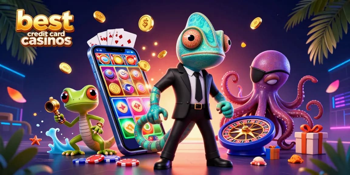 Experience the thrill of the best credit card casinos with vibrant casino elements and dynamic characters.