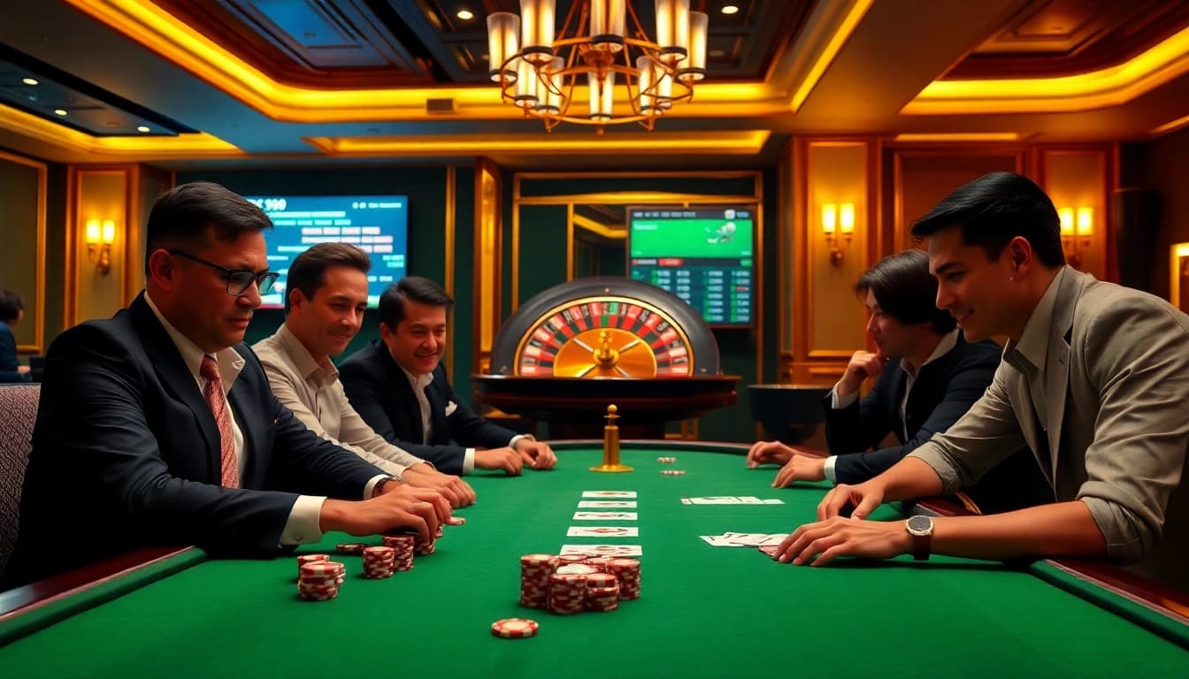 Experience the excitement of PS99 thể thao as players engage in thrilling poker at a luxurious casino table.