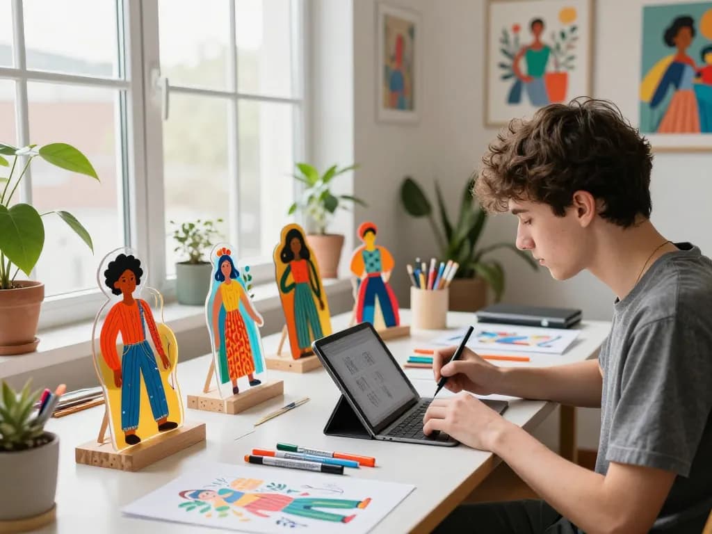 Creative workspace with custom acrylic stand design process.