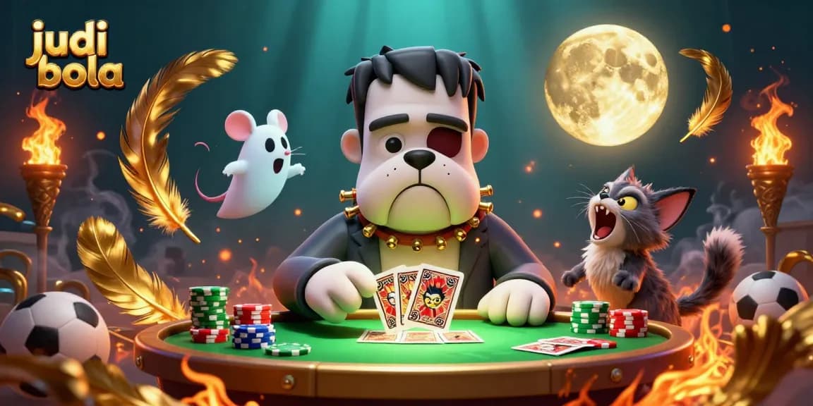 Join exciting judi bola action with dynamic characters at a spooky table.