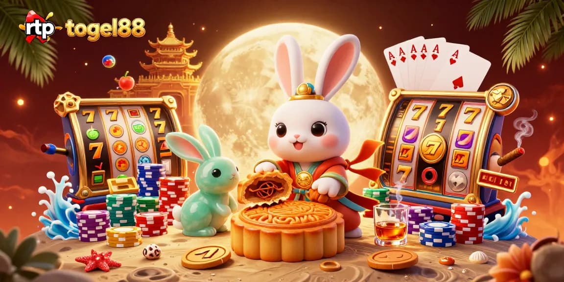 Experience rtp togel88 with vibrant slot reels and poker chips in a dynamic lunar scene.
