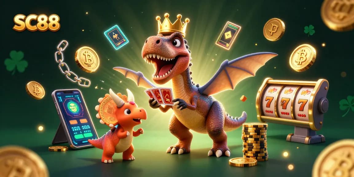 Engage with SC88's dynamic casino scene featuring a T-Rex shuffling cards and stacking chips.