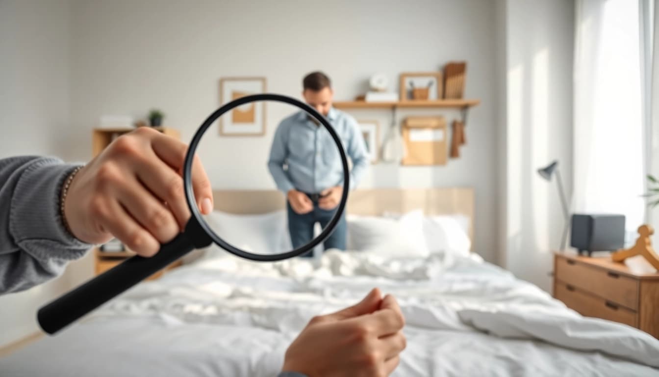 Bed bug exterminator Milwaukee examining bed for signs of infestation with tools.