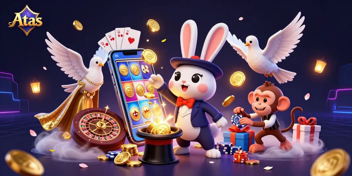 Atas Casino features a magical rabbit collecting coins, exciting games, and colorful slots.