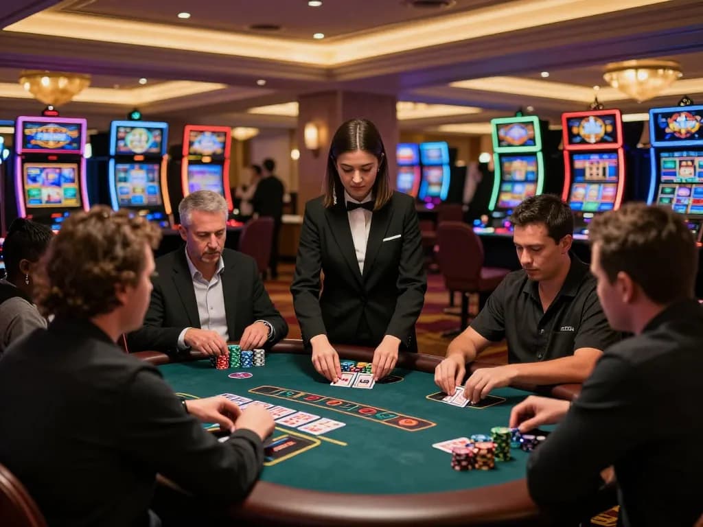 Players engaged deeply in a blackjack game at nhà cái 388bet's upscale casino, capturing the thrill of strategic gambling.