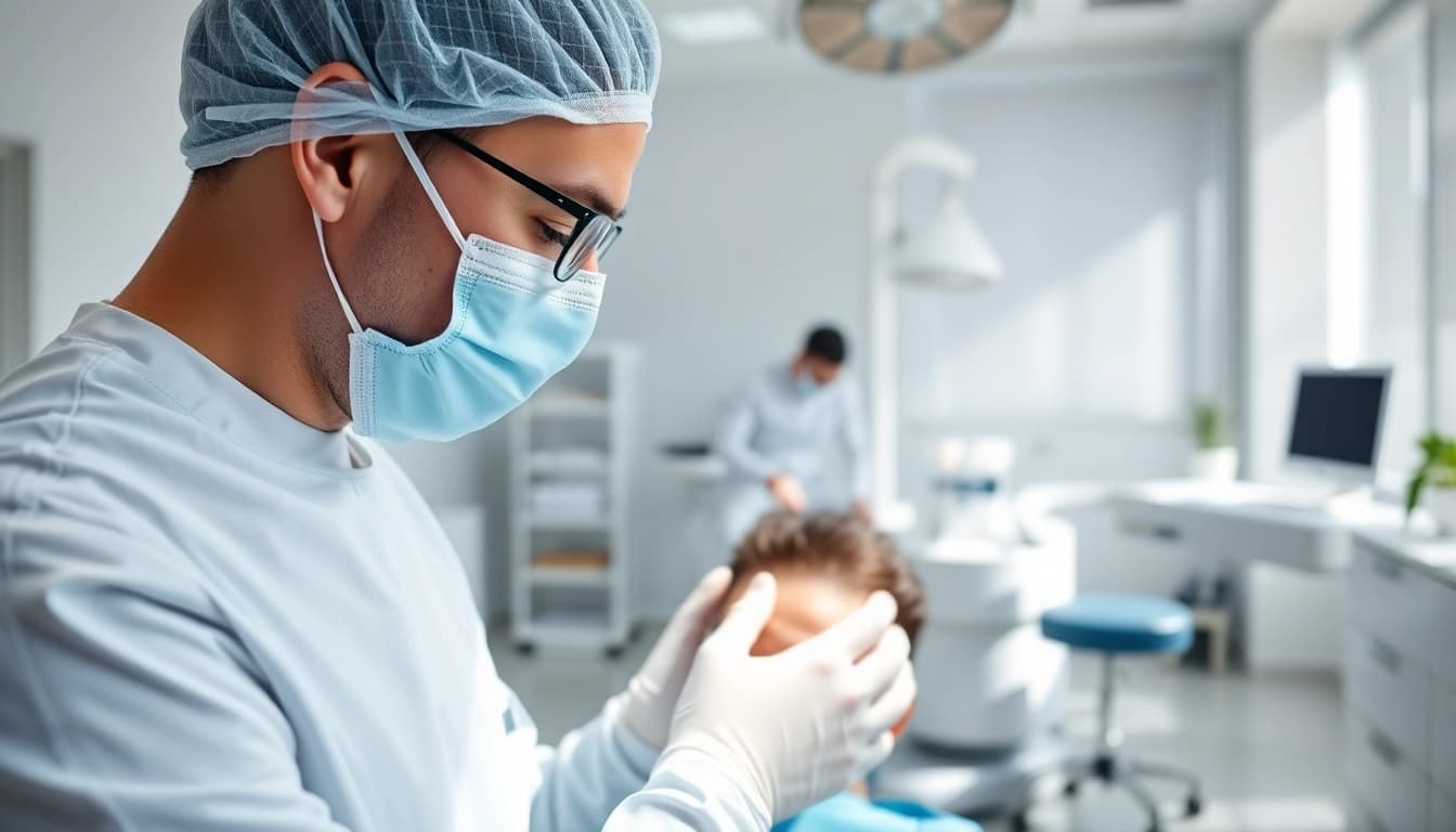 Professional surgeon conducting a hair transplant istanbul procedure in a modern clinic setting.