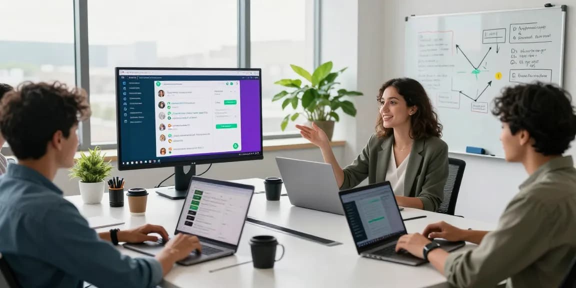 Group of professionals engaging with WhatsApp電腦版 in a modern office, showcasing collaboration and technology.