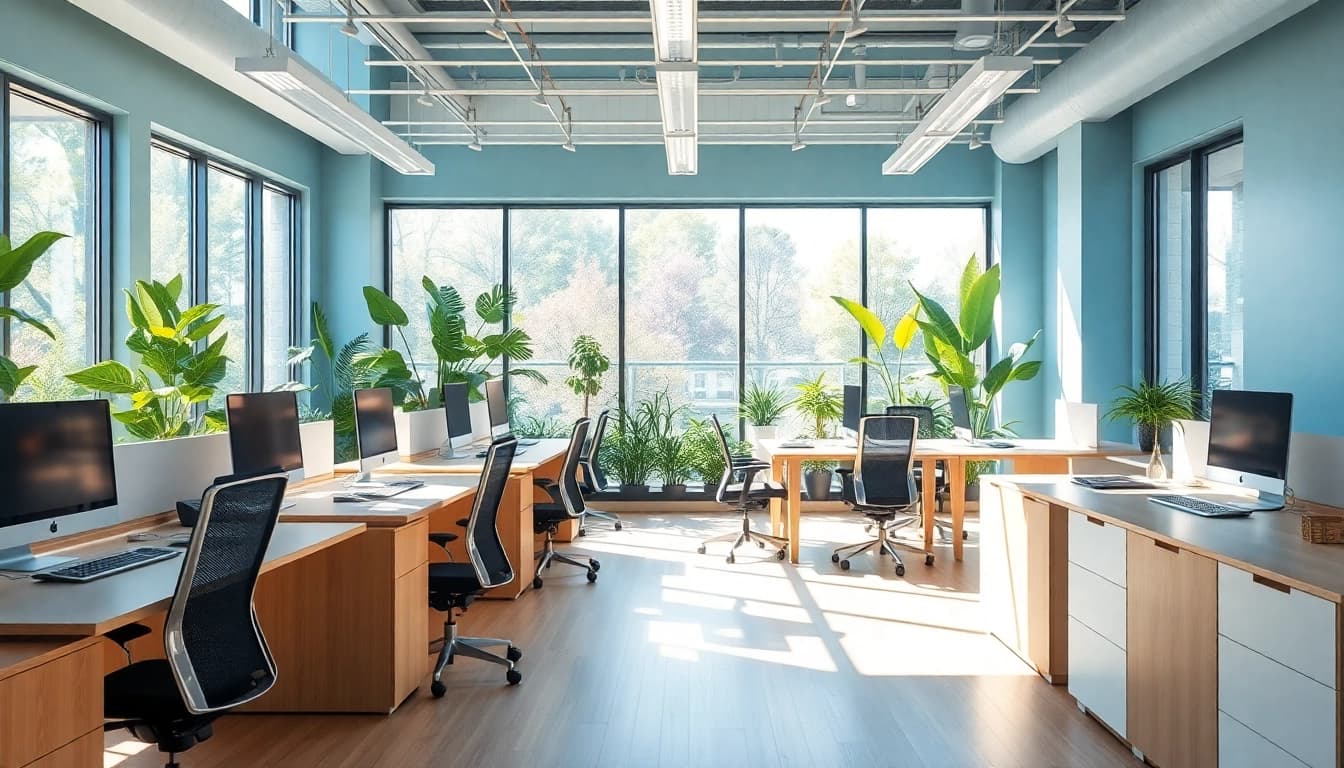 Engaging scene of a typing center with modern workspace, emphasizing comfort and productivity.