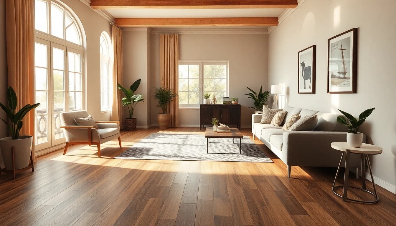 Beau salon avec un sol en carrelage imitation parquet, alliant chaleur et élégance.