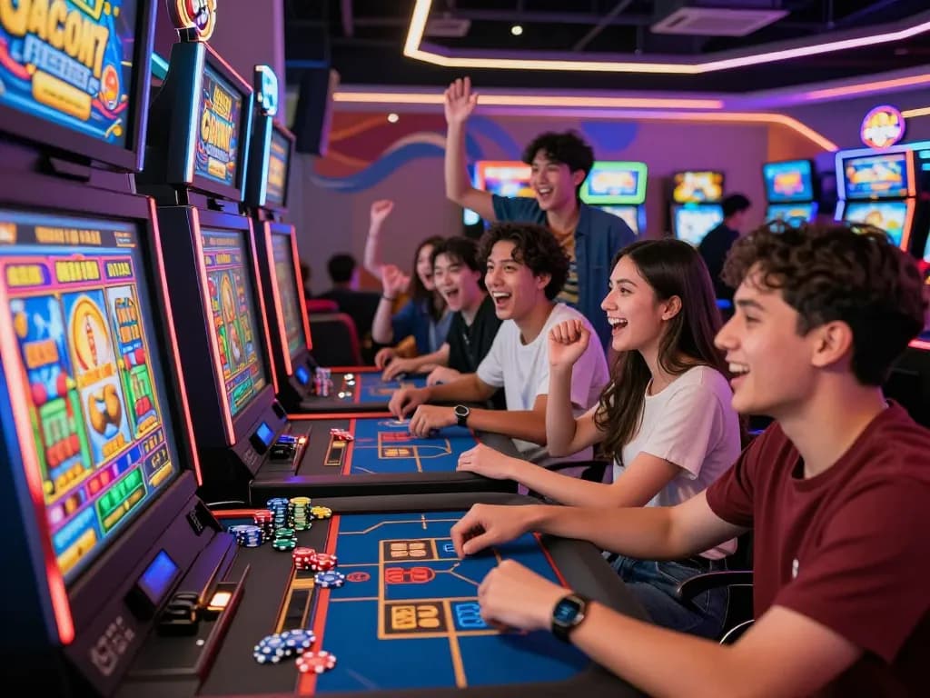 Sahabat yang bersemangat menikmati permainan slot gacor di suasana kasino online yang cerah.