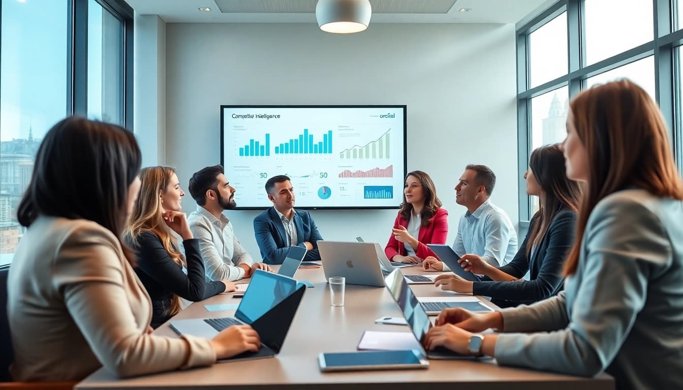 Analyzing competitive intelligence in a collaborative business meeting with data visuals.