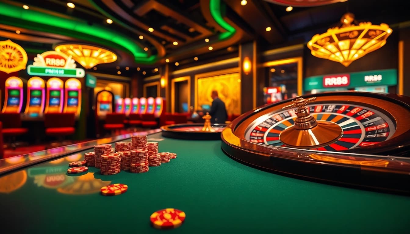 RR88 players engaging with dynamic slot machines in an elegant casino setting.