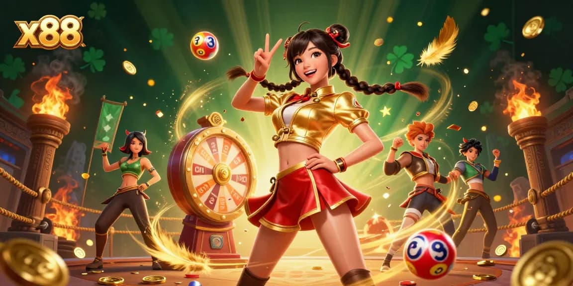 x88 casino excitement with a stunning Asian woman, colorful lottery balls, and a spinning prize wheel