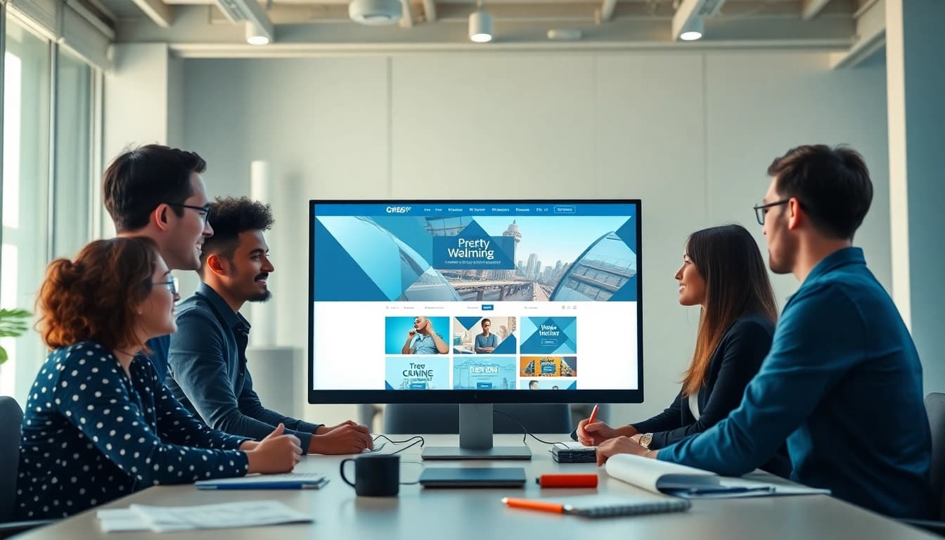 dịch vụ thiết kế website with a diverse team collaborating on a modern office project.