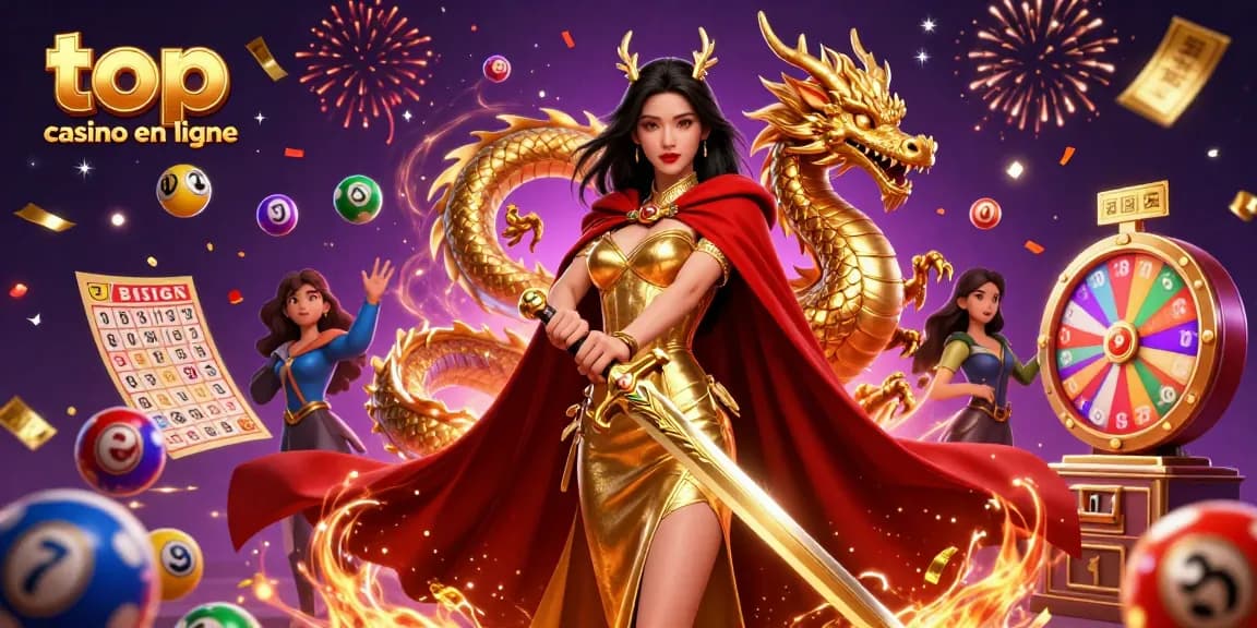 Jouez pour gagner aux meilleurs casinos en ligne avec une reine guerrière majestueuse et un dragon doré.