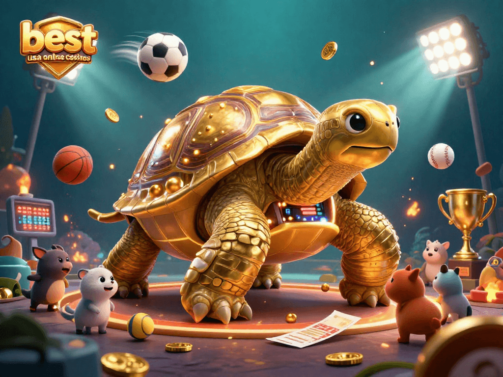Engage with the best usa online casinos through an exciting illustration of a golden tortoise pinball machine and animals, surrounded by dynamic gaming elements.