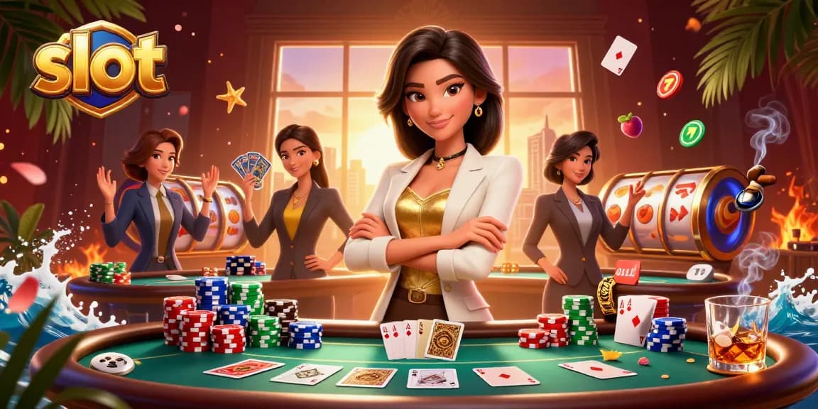 Spin thrilling slot games with a confident woman surrounded by casino elements in this vibrant scene.