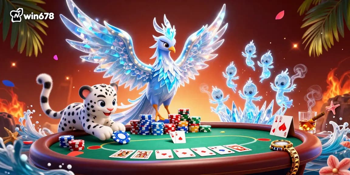 Playing exciting poker at win678 with an ice phoenix and snow leopard, showcasing vibrant casino action.