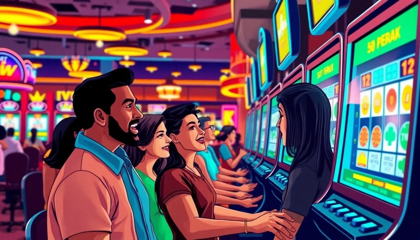 Main players enjoying the slot bet 50 perak experience in a lively casino atmosphere.