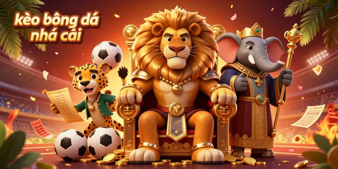 Bet on kèo bóng đá nhà cái with a dynamic 3D scene featuring a lion king, elephant, and cheetah.