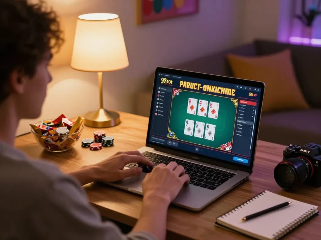 Player enjoying 92slot online gaming with vibrant interface on a laptop, cozy home setting.