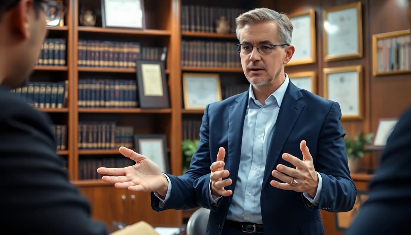 Anwalt Strafrecht in einer professionellen Besprechung mit Klienten, die juristische Fragen diskutieren.