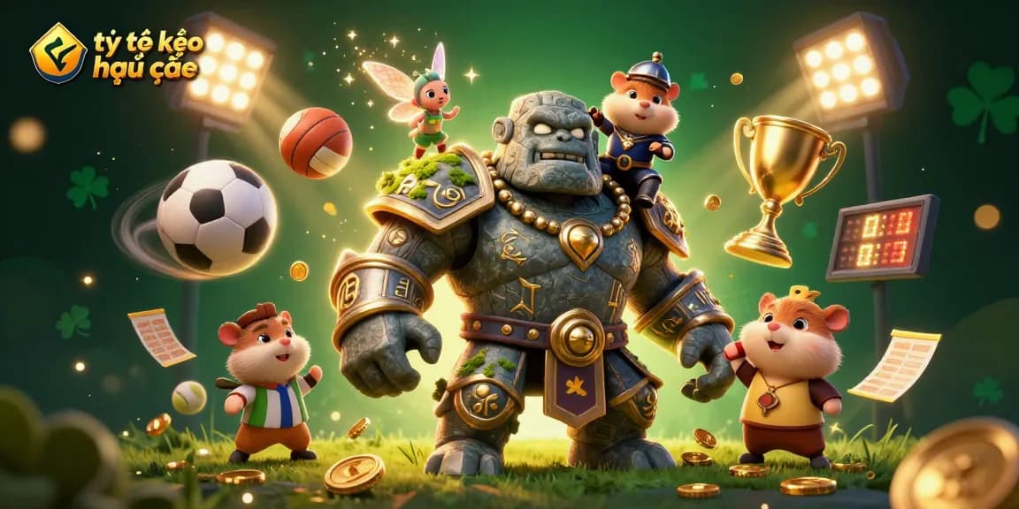 Experience the thrill of tỷ lệ kèo nhà cái through the energetic 3D scene featuring sports elements and colorful characters.