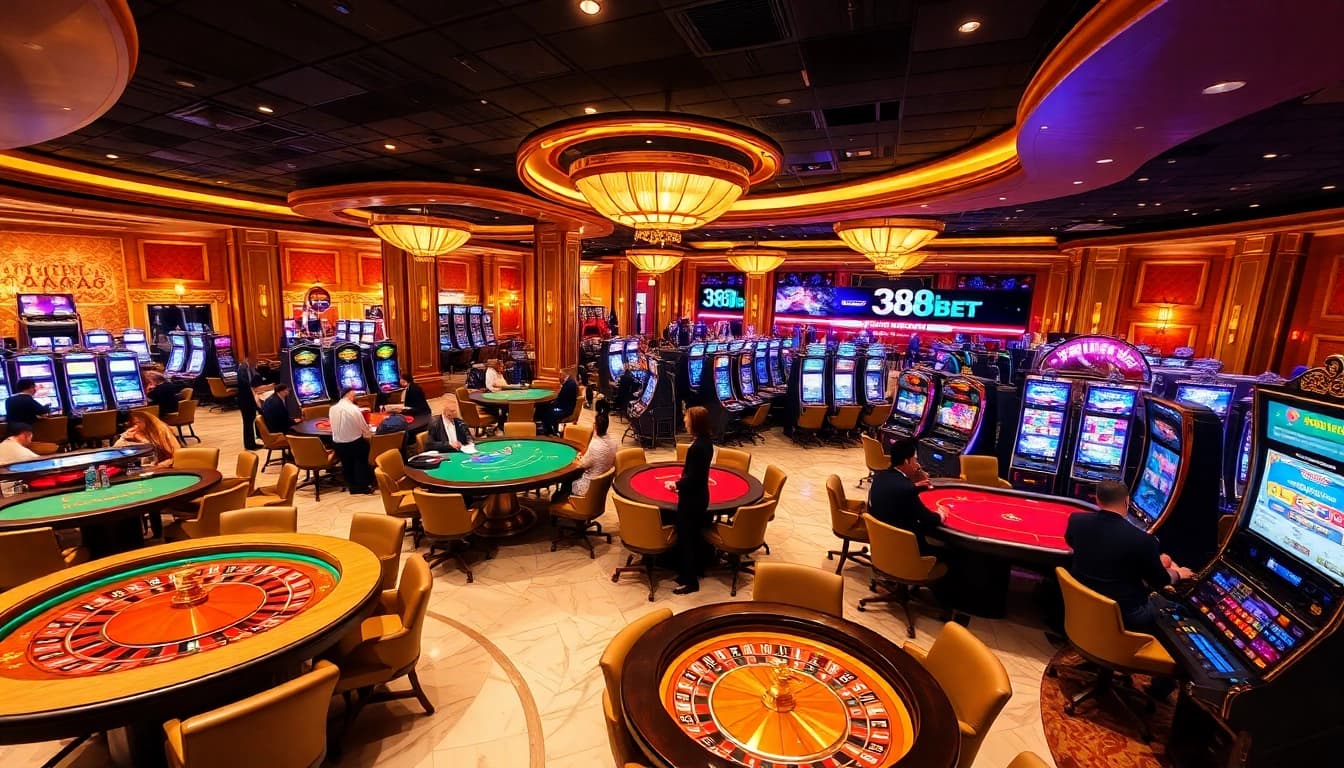 Experience the excitement of 388bet with vibrant casino tables and players enjoying high-stakes games.
