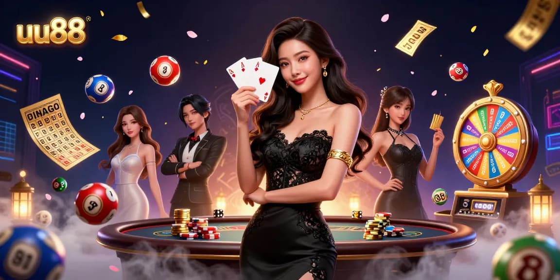 Experience thrilling gameplay at uu88 with a glamorous Asian woman holding poker cards amidst vibrant casino elements.