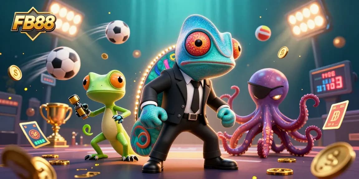Bet on FB88's thrilling adventure with a chameleon, gecko, and octopus amidst vibrant sports scenes.