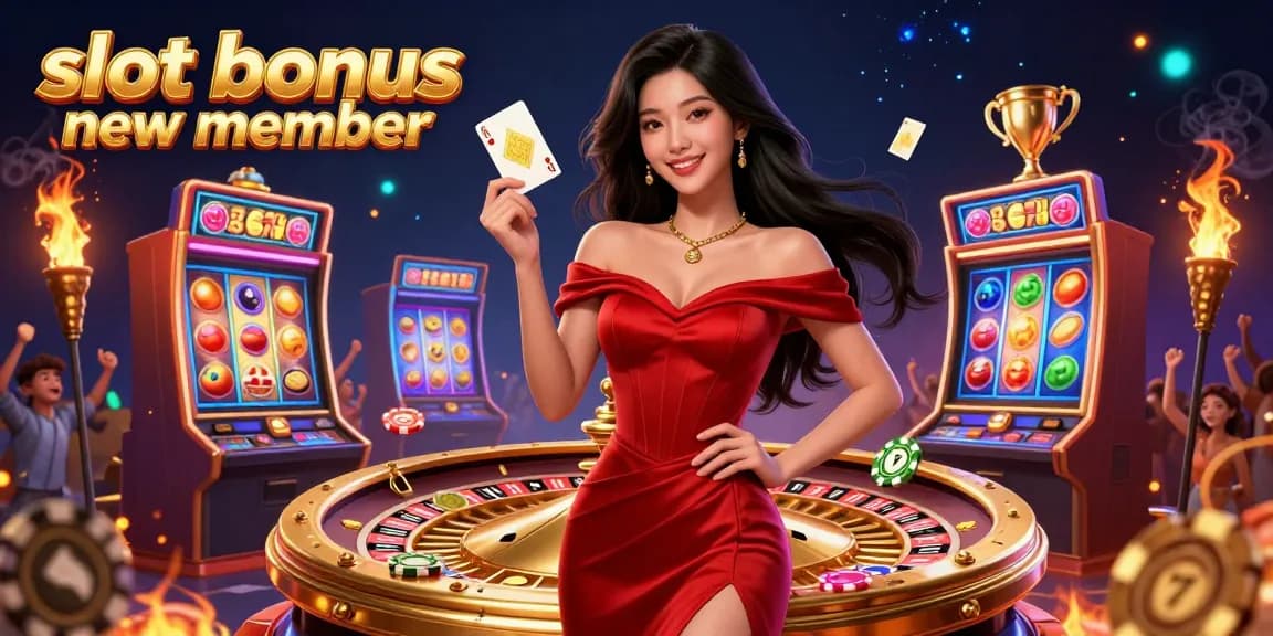 Win exciting slot bonuses as a new member with our vibrant casino scene illustration.
