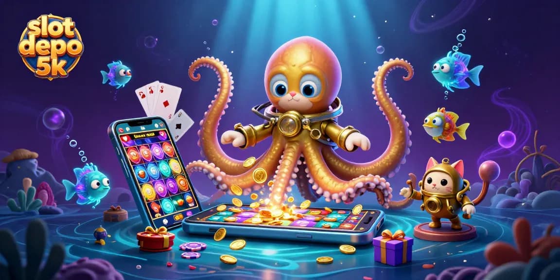 Spin and win at slot depo 5k with a colorful scene of a cartoon kraken and diving cat among casino elements.