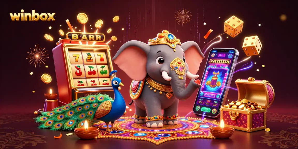 Winbox features a colorful 3D elephant with vibrant symbols in a lively casino scene.
