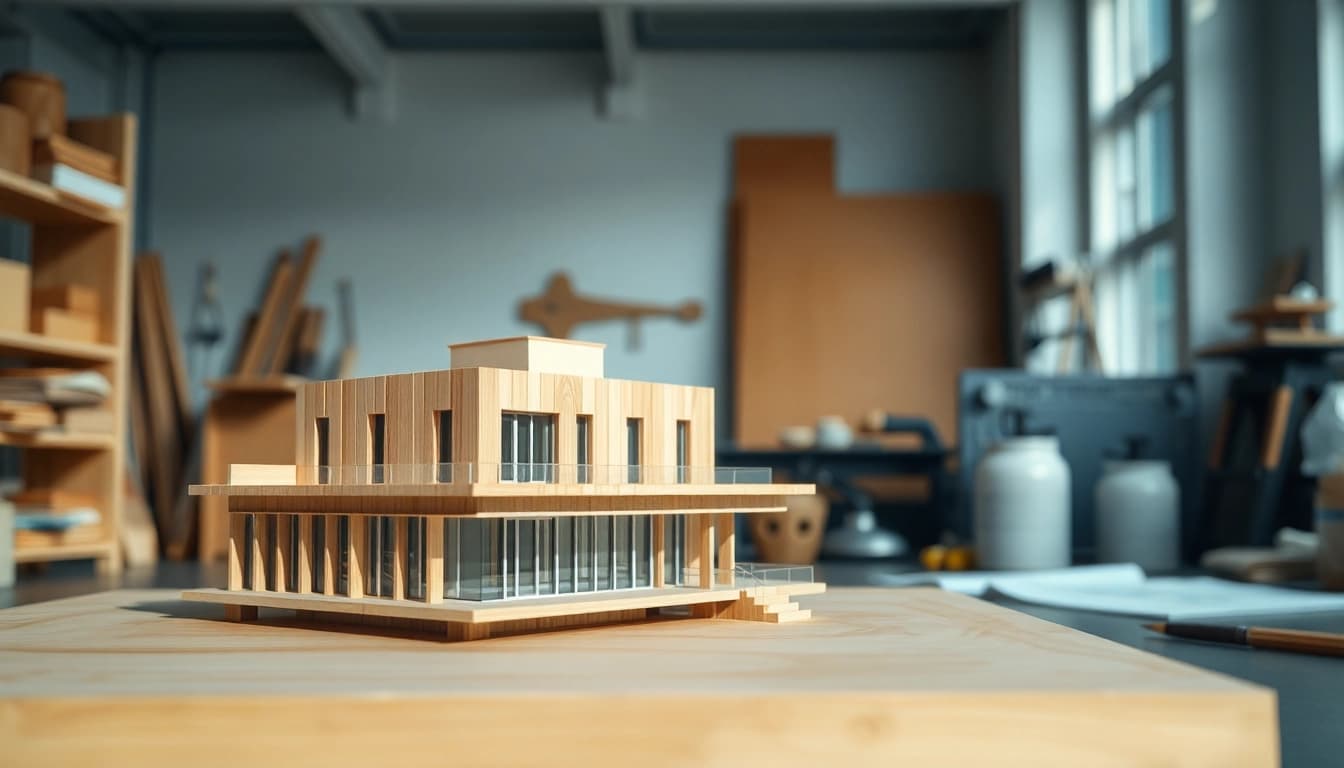 Architekturmodellbau Bielefeld: Detailliertes Modell in modernem Studio zur Betrachtung präsentiert.
