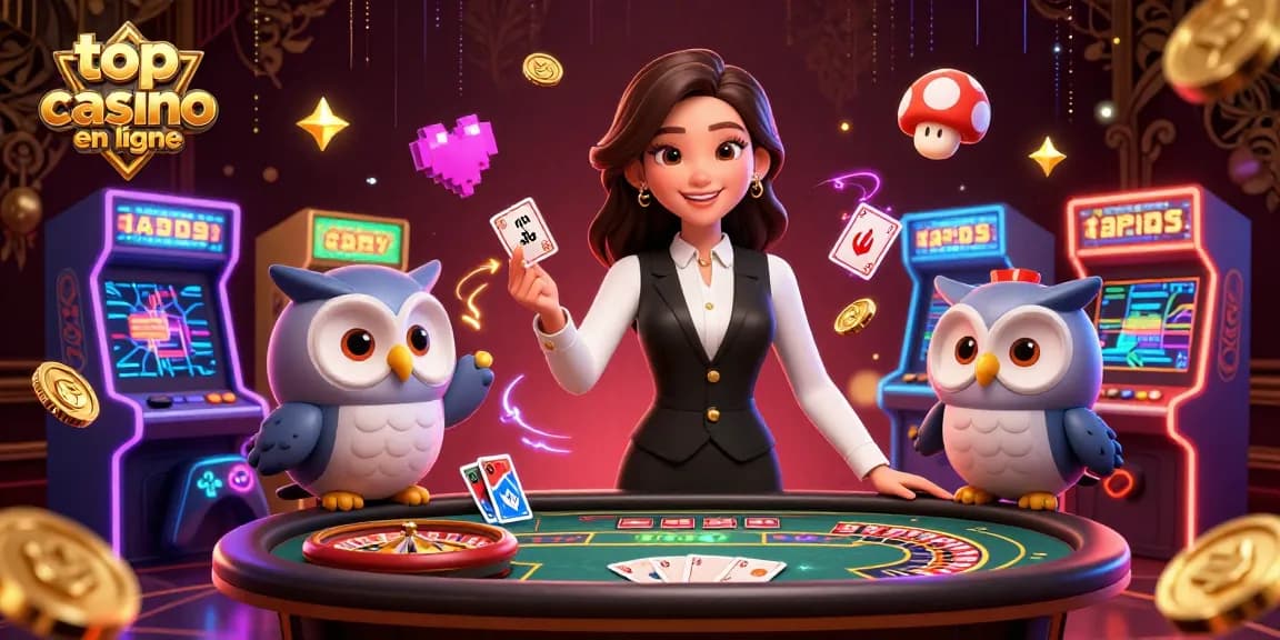 Interagissez avec les meilleurs casinos en ligne dans une scène 3D vibrante mettant en vedette un croupier professionnel et des éléments d'arcade.