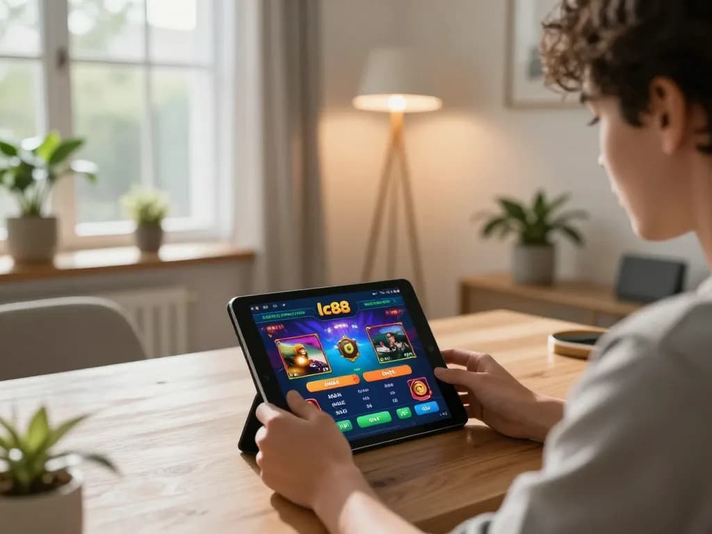 Player exploring lc88 casino app on tablet in stylish home setting.